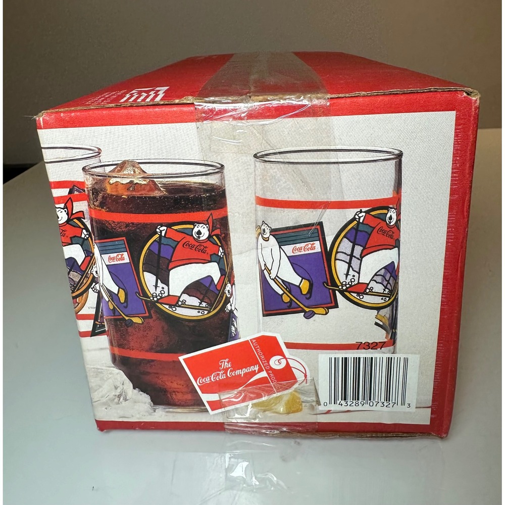 Vintage 1995 Coca-Cola Polar Bear Glass Set 8pc 16oz Indiana Glass Winter Sports - Picture 8 of 11